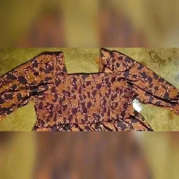 Nine West Smocked Floral Midi Dress Brown Lined Stretch 4 XL Long Sleeve - Picture 7 of 9